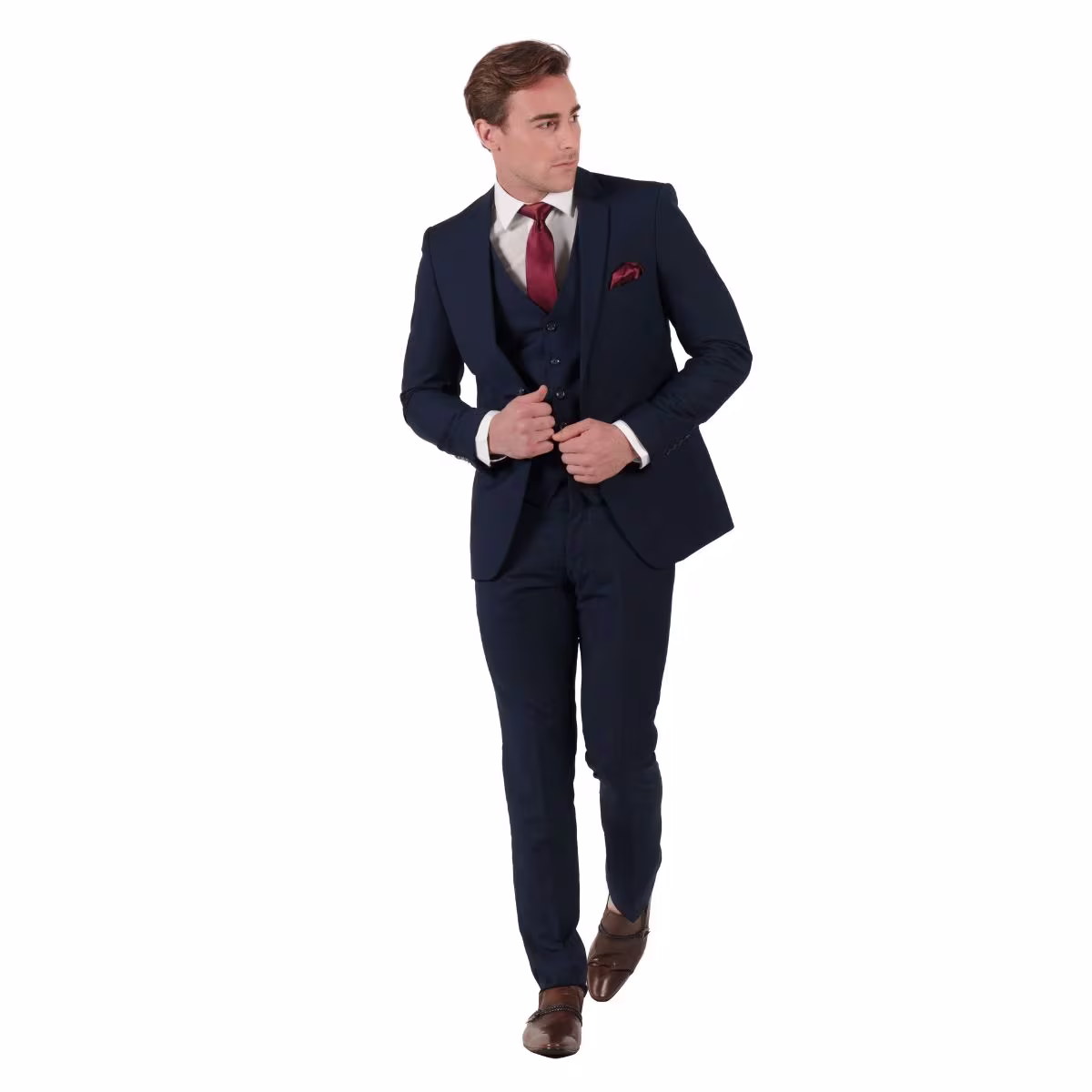 2 Traje Azul Profundo 4030, Corte Slim 3 Piezas, Saco de Dos Botones y Solapa Triangular
