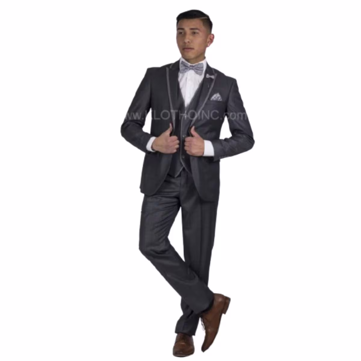2 Tuxedo Gris Charcoal, Corte Slim Fit, Tres piezas, Saco de Dos Botones con Cuello Triangular