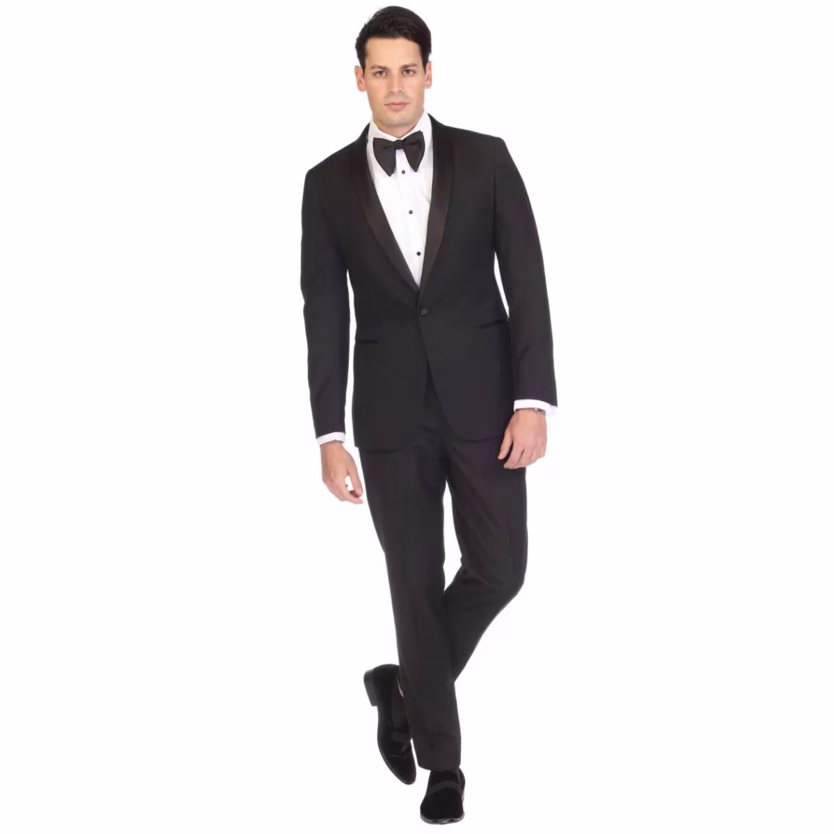 2 Tuxedo Reno Negro, Corte Slim Fit, Saco de Botón ÚNICO, Solapa Satín con Cuello Redondo