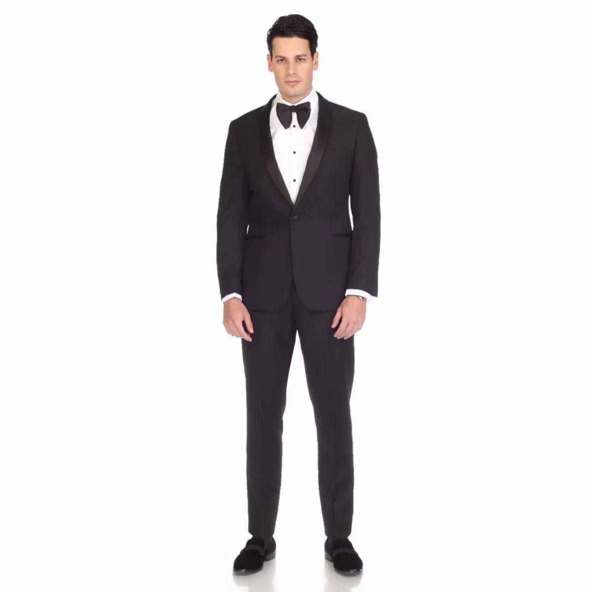 3 Tuxedo Reno Negro, Corte Slim Fit, Saco de Botón ÚNICO, Solapa Satín con Cuello Redondo