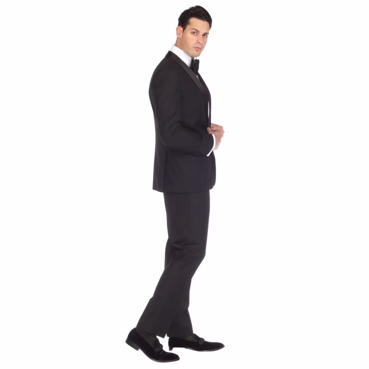 4 Tuxedo Reno Negro, Corte Slim Fit, Saco de Botón ÚNICO, Solapa Satín con Cuello Redondo