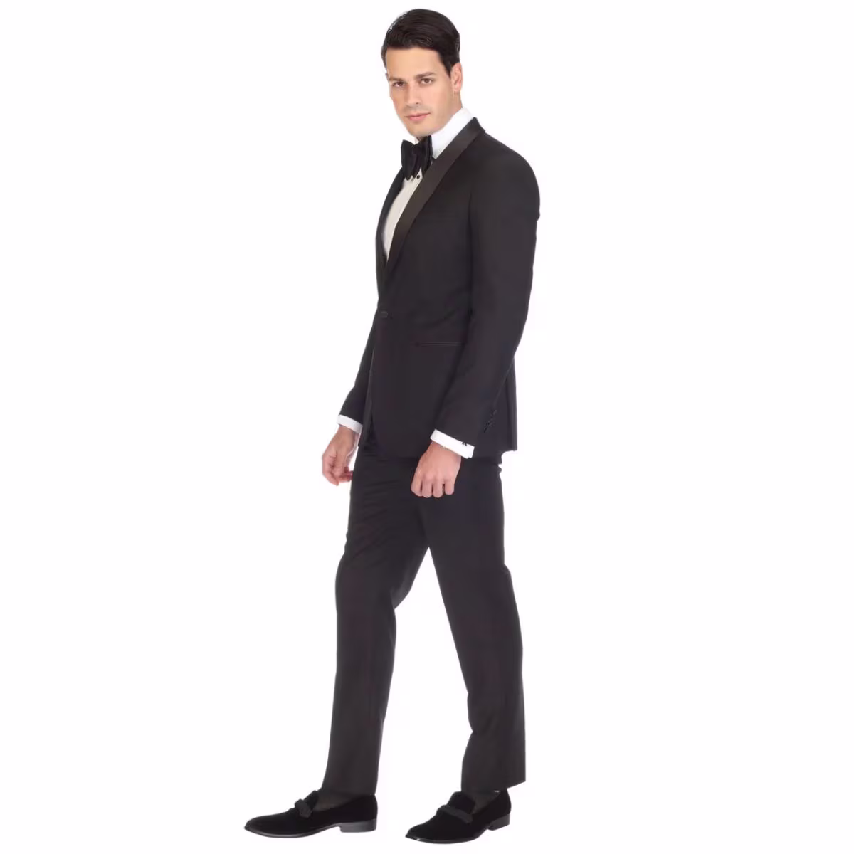 5 Tuxedo Reno Negro, Corte Slim Fit, Saco de Botón ÚNICO, Solapa Satín con Cuello Redondo